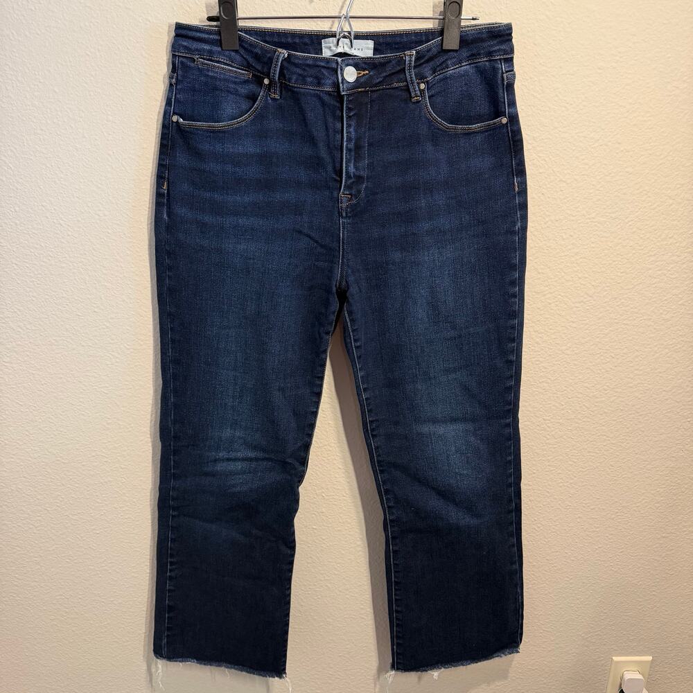 Risen Jeans High Rise Straight Leg Ankle Crop Dark Wash Raw Hem Stretch Size 15